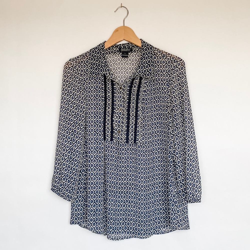 Lucky Brand Navy and White Geometric Tie-Neck Blouse